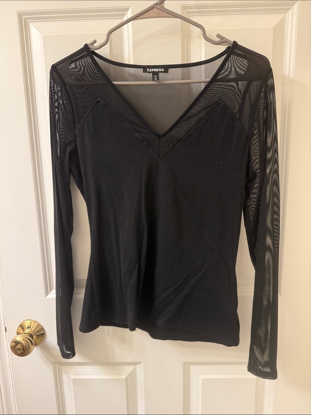 Express Black V-Neck Long Sleeve Mesh-Inset Top